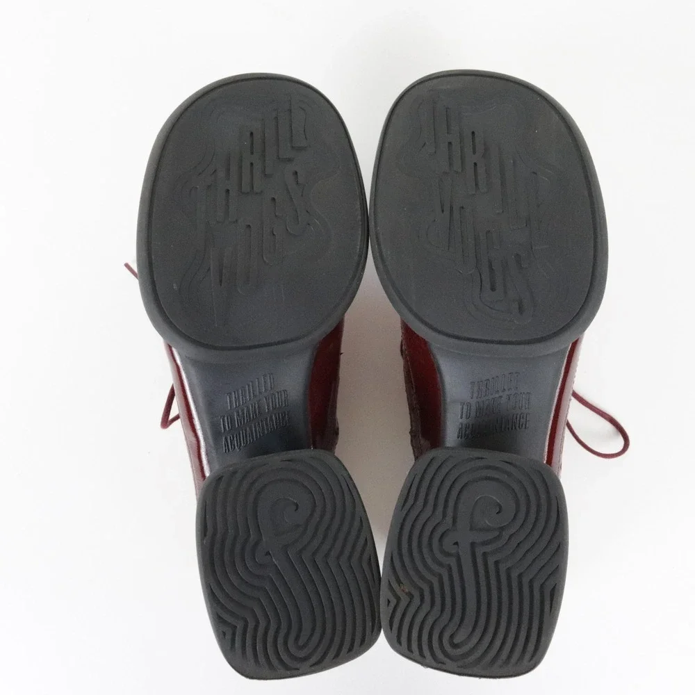 John Fluevog Rosamund Lace-Up Heels with Brogue Hearts 7 Burgundy Pony Hair